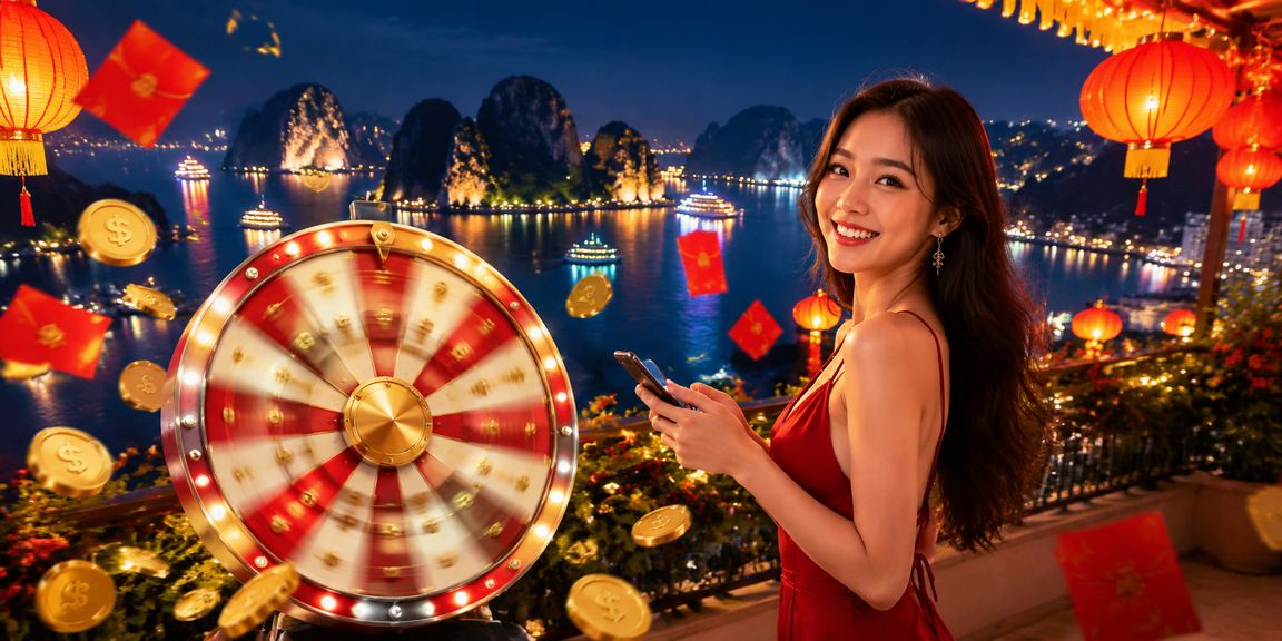 Khung cảnh Vịnh Hạ Long lãng mạn với đèn lồng và bàn roulette casino