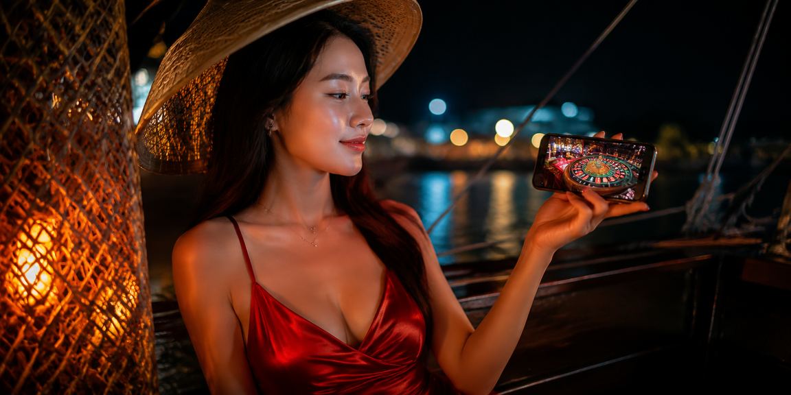 Người dùng trải nghiệm casino di động với nón lá truyền thống tại Mũi Né